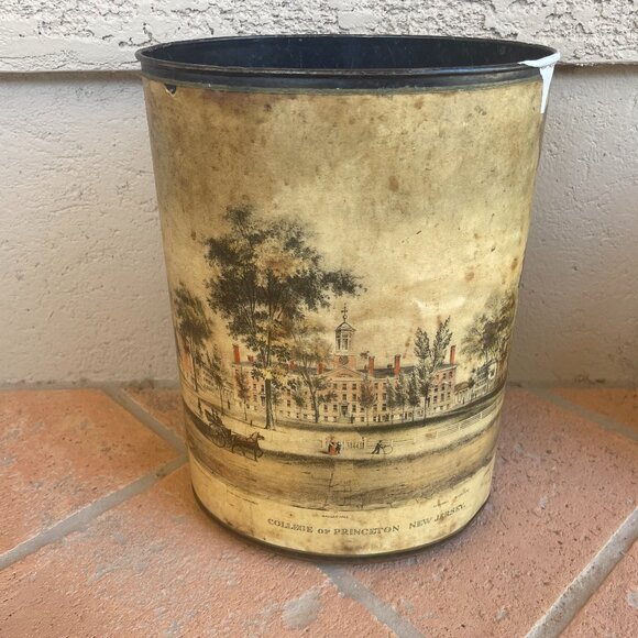 Vintage Tole Waste Basket Litho Print of Princeton University New Jersey - Picture 1 of 6